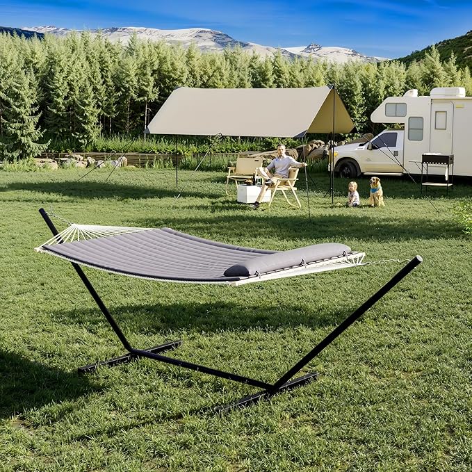 Double Portable Hammock with Adjustable Steel Stand, 2 Person Hammock with Curved Spreader Bar, Balance Ropes and Pillow Included, Dark Grey