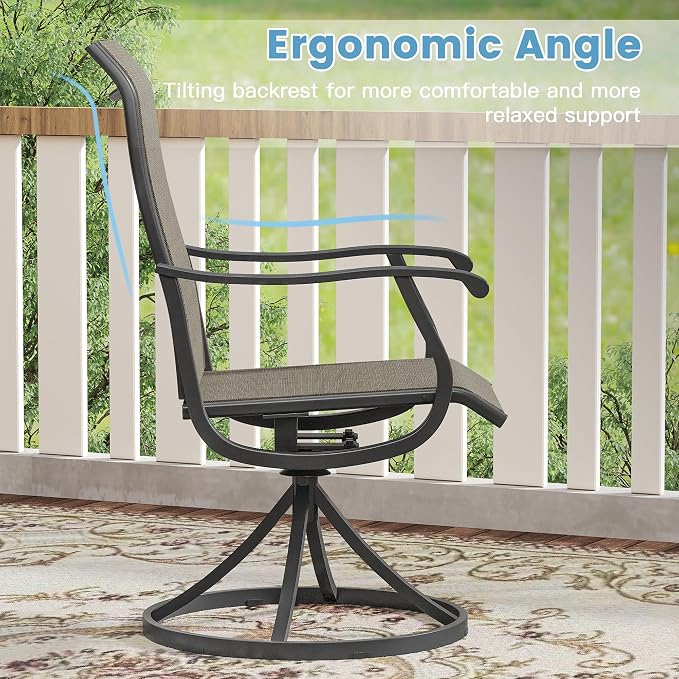 DIFY Patio Table and Chairs Set for 6, 7 Piece Outdoor Dining Set, 53.1" Walnut Round Metal Dining Table with Umbrella Hole and 6 Brown Textilene Swivel Patio Chairs, for Garden Backyard Deck