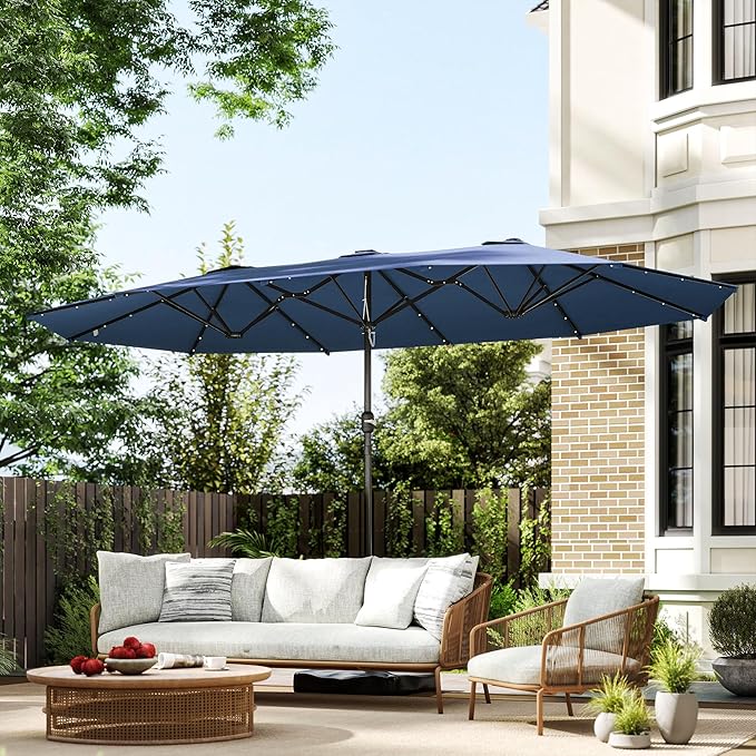 Outsunny 14.4ft Large Patio Umbrella with 36 Solar LED Lights, Double Sided Outdoor Umbrella with Base Included