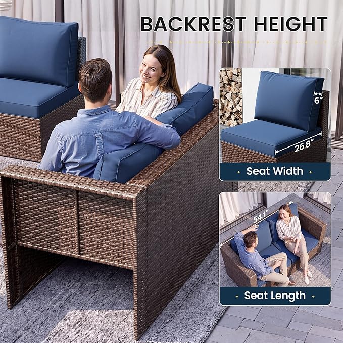 Amopatio Patio Furniture Set with Fire Pit Table, All-Weather Wicker Outdoor Conversation Sofa Set with Glass Coffee Table, Cushions & Ottomans for Deck Backyard Porch Lawn Blue