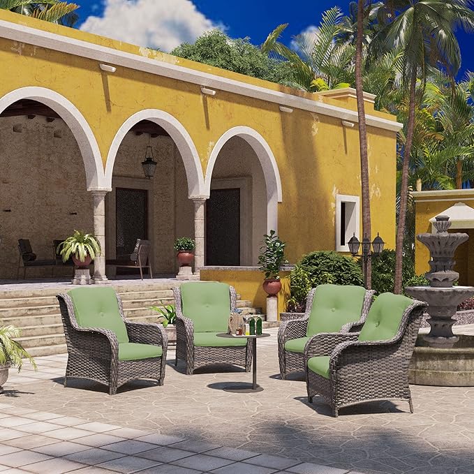 Outdoor Wicker Chair Rattan Patio Dining Chairs Set of 4 PE Wicker Patio Chairs with 3.5 inch Seat Cushions Patio Seating Chair for Garden, Backyard Swimming Pool, Balcony, Green