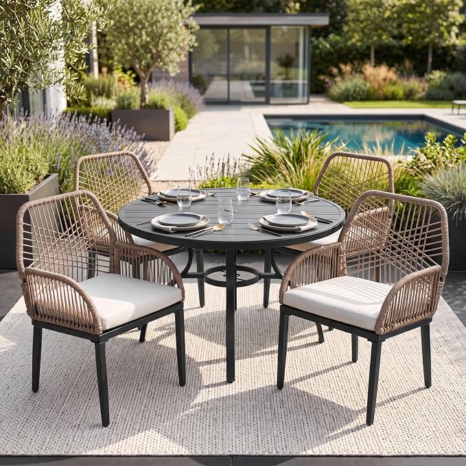 NUU GARDEN 5-Piece Outdoor Dining Set, Round Outdoor Table and Chairs for 4, All Weather Patio Furniture Set with Umbrella Hole, Handwoven Twisted Rattan Outdoor Chairs with Cushions, Brown and Black