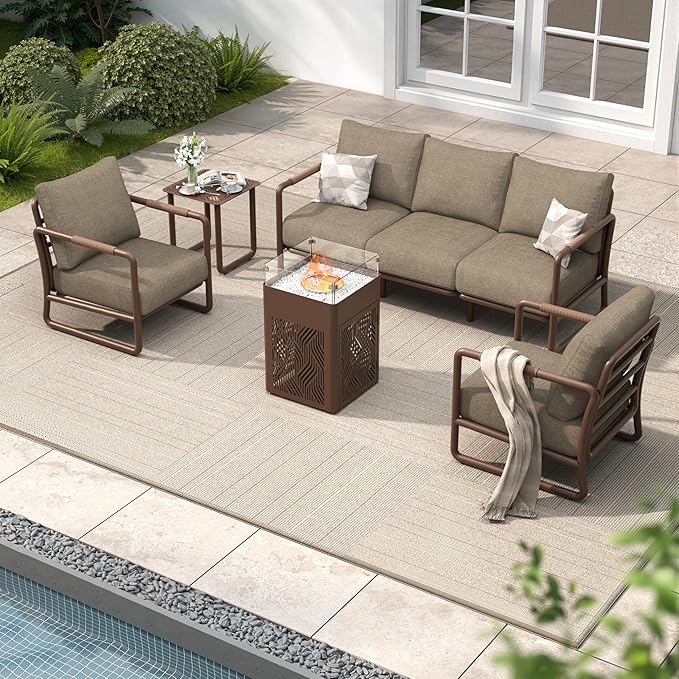MBY Outdoor Aluminum Patio Furniture Set, 5-Seats Patio Conversation Sofa Set with 45,000 BTU Fire Pit Table w/Glass Wind Guard, All Weather for Balcony, Garden-Brown