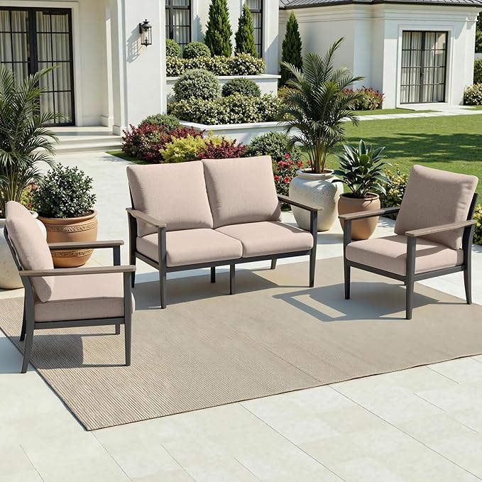 4-Seat Outdoor Patio Furniture Set Aluminum Sectional Sofa Set, Patio Conversation Set with High Backrest & Thickened Cushions for Garden, Backyard, Poolside, Sand