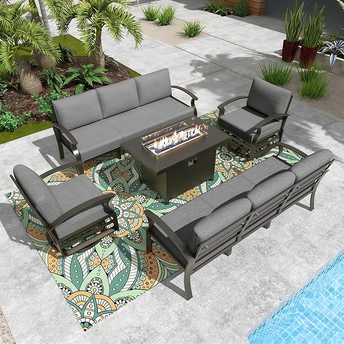 Gotland Aluminum Patio Furniture Set with Fire Pit Table, Metal Patio Furniture with 2 Swivel Rocking Chairs Waterproof 5.1'' Seat Cushions, Oversized Outdoor Sectional for Garden Balcony Porch Gray