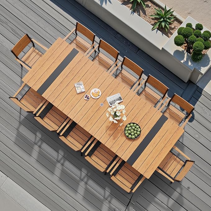 Pellebant 13 Piece Patio Table and Chairs Set for 12, Aluminum Outdoor Dining Set with Umbrella Hole, Stackable Dining Chairs & 118" Dining Table, Brown