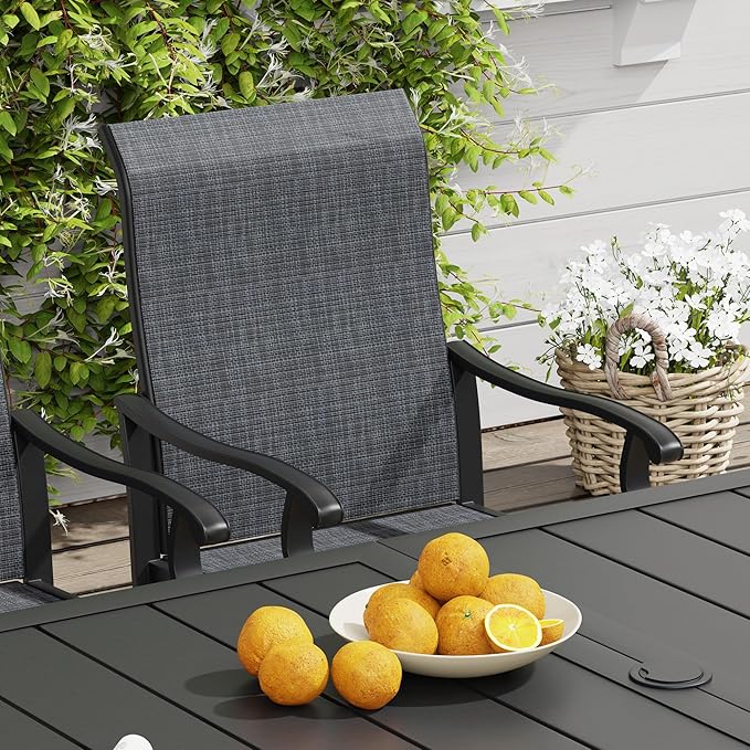 VICLLAX Patio Table and Chairs with Patio Umbrella, 6 Patio Swivel Chairs and Metal Patio Table with 15ft Wheat Outdoor Umbrella for Backyard, Dark Charcoal Chairs & Black Tabletop