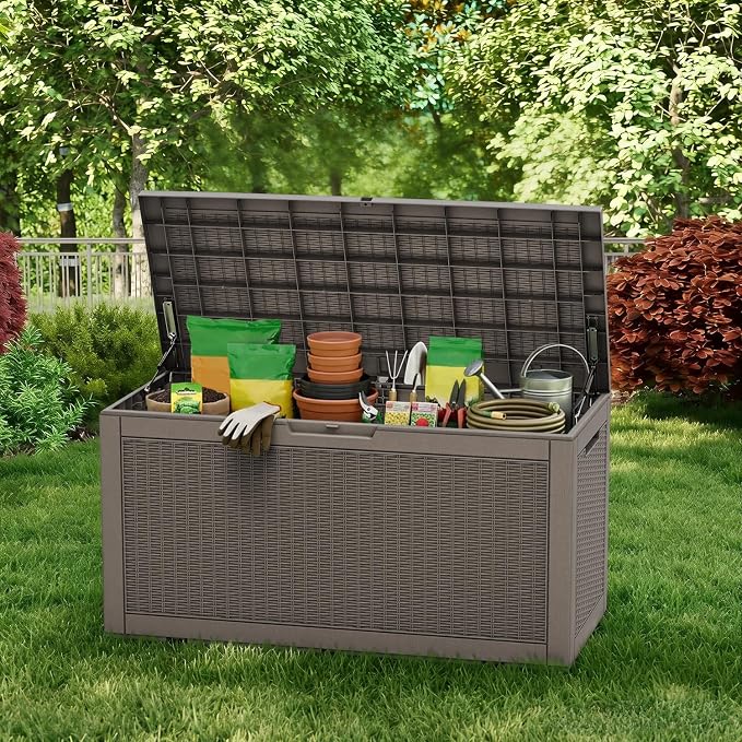 AmaVins Storage Box, 100 Gallon Rattan Pattern Deck Box with Anti-Pinch Hydraulic Rod, Indoor Use, Waterproof Resin, Package/Patio Cushions/Gardening Tools, Lockable, UV Resistant, Light Coffee