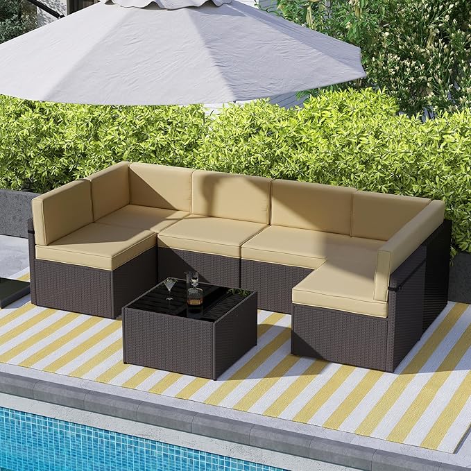 kinbor 7 Piece Outdoor Furniture Set - Waterproof Brown PE Wicker Patio Sofa with Cushions for Backyard, Poolside & Porch, Khaki