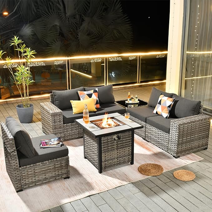 HOOOWOOO Outdoor Patio Sectional Furniture Sofa Set with Propane Gas Fire Pit Table,7 Piece Small Modern Wicker Couch with Widened Armrest,Modular Conversation Seating Set for Out Door(Black)