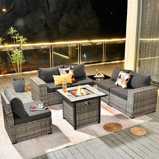 HOOOWOOO Outdoor Patio Sectional Furniture Sofa Set with Propane Gas Fire Pit Table,7 Piece Small Modern Wicker Couch with Widened Armrest,Modular Conversation Seating Set for Out Door(Black)