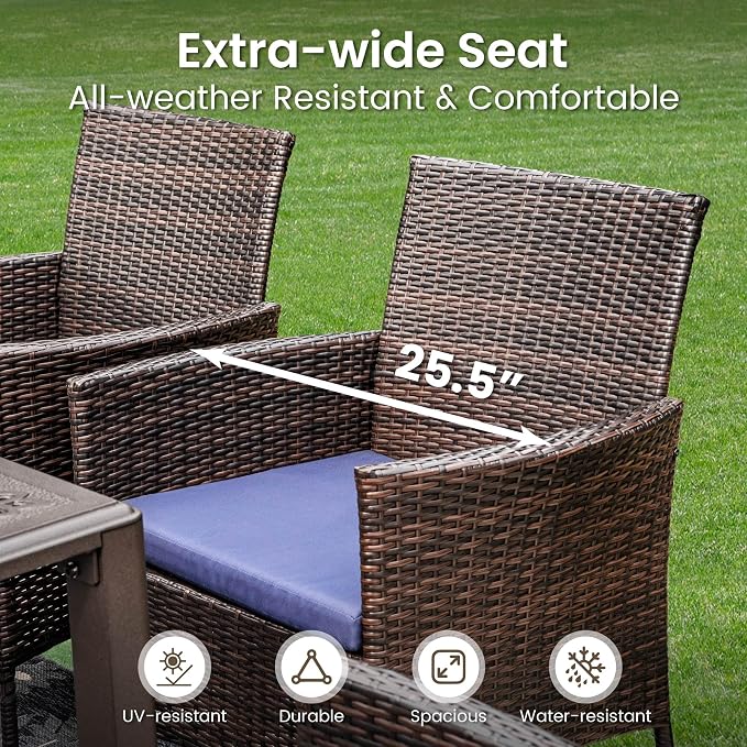 PHI VILLA 5 Piece Patio Dining Set for 4, 37" Square Metal Dining Table with Umbrella Hole & 4 Cushioned Rattan Chairs for Outdoor, Deck, Yard, Porch