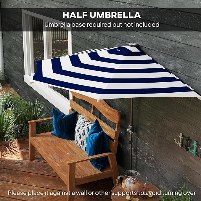 Outsunny Half Outdoor Patio Umbrella, UPF 30+ Small Vented Half Patio Umbrella with Crank 8 Ribs for Balcony Porch Garden Deck Poolside