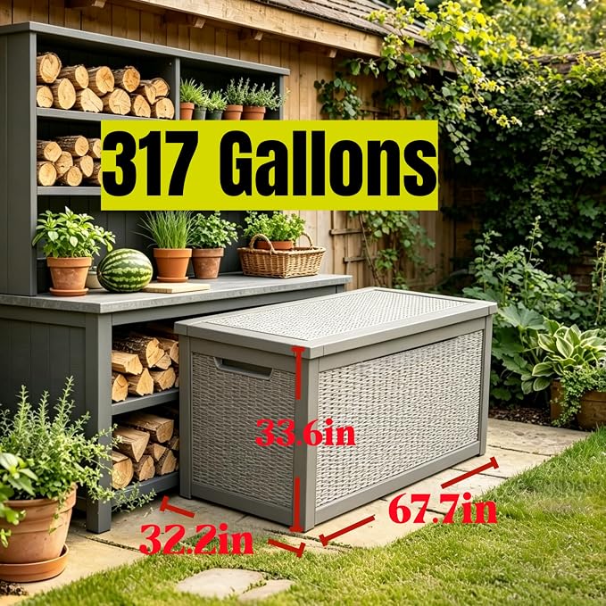 317 Gallon Large Resin Outdoor Storage Box, Waterproof Deck Box, Lockable Deck Container with Reinforced Support, Outdoor Chest for Patio Accessories, Outdoor Cushions, Garden Tools, Taupe Gray