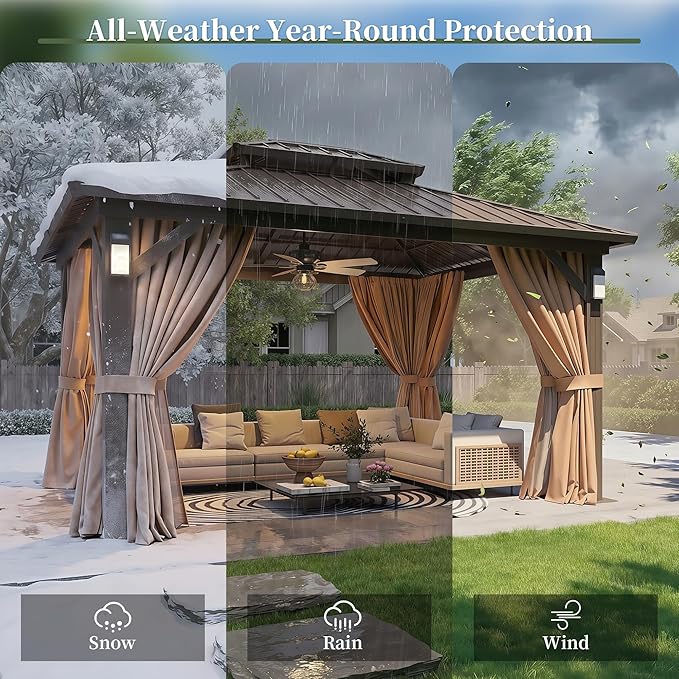Aoxun 12'x10' Hardtop Gazebo with 4 LED Lights, Outdoor Gazebo with Galvanized Steel Double Roof, Patio Gazebo with Breathable Netting & Privacy Curtain, Decor Hooks for Backyard, Brown
