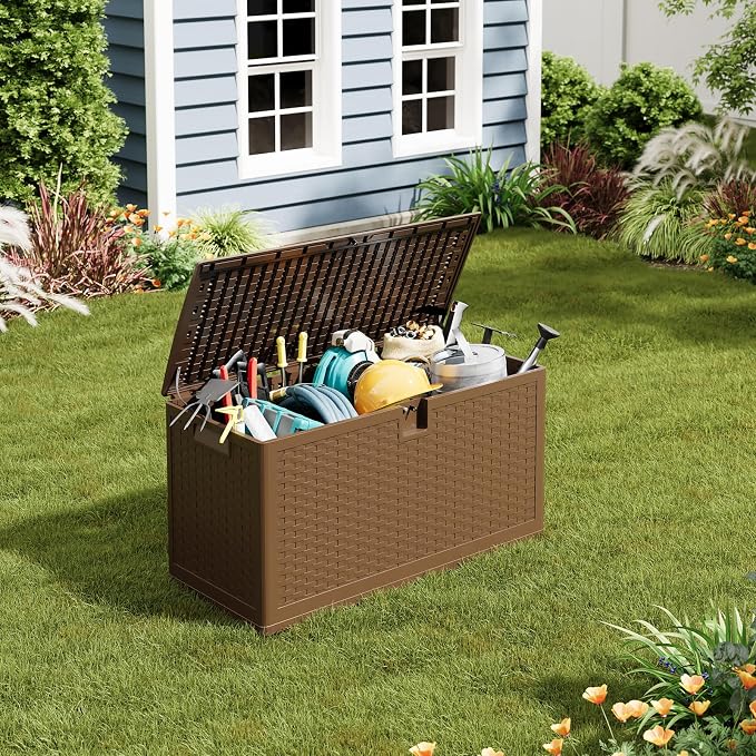 IDEALHOUSE 73 Gallon Resin Deck Box, Waterproof Outdoor Storage Box with Lockable Lid & UV Resistant, Patio Furniture Cushion Storage Container for Garden, Backyard, Poolside (Brown)