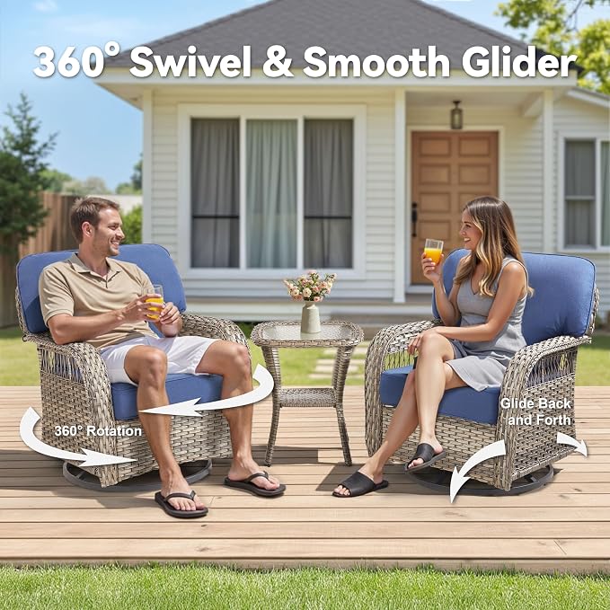 7 Pieces Outdoor Furniture Set with Swivel Chairs, Wicker Swivel Rocker Patio Chairs Set of 4 Outdoor 3 Seater Sofa with Ottomans Wicker Patio Conversation Set for Deck Porch Backyard, Blue