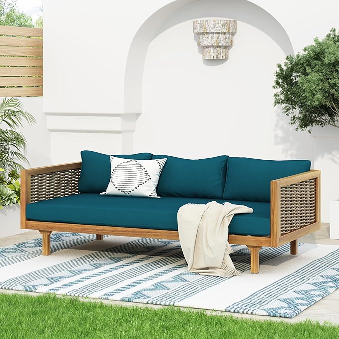 Merax Outdoor Acacia Wood Conversation Set - Patio 3-Seat Loveseat Sofa w/Coushion and Round Coffee Table for Backyard, Lawn, Balcony, Teak+Teal/LightTeak