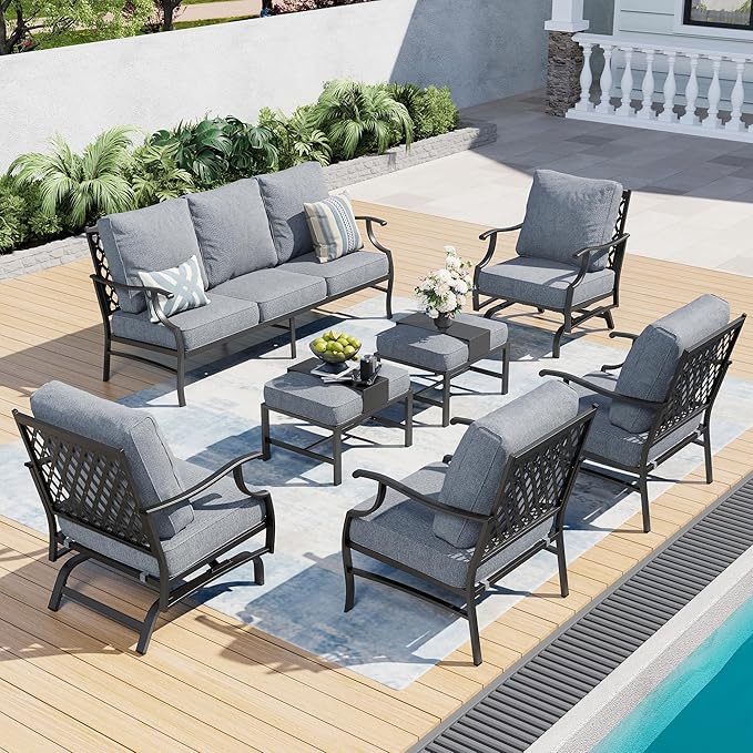 7 Piece Metal Outdoor Patio Furniture Sets, Patio Conversation Sets 1 3-seater Sofa, 2 Fixed Chair, 2 Rocking Chair, 2 Ottomans with 5.75" Thick Cushion, Black Backyard Furniture, Gray