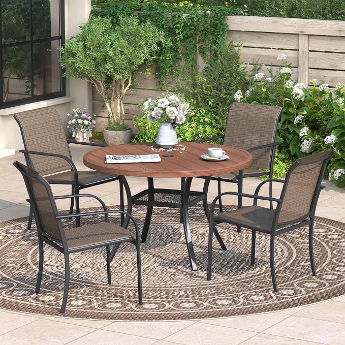 Patio Dining Table for 4, Round Metal Outdoor Table with Storage Shelf, 1.57" Umbrella Hole, 41" Outdoor Slat Tabletop Dining Table for Backyard, Porch, Lawn, Walnut