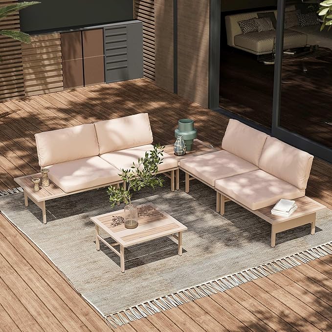 LAUSAINT HOME 6 Pieces Patio Furniture Set, Outdoor Metal Frame Patio Conversation Sets with Coffee Table & Thick Cushions for Garden, Poolside, Backyard(Beige)