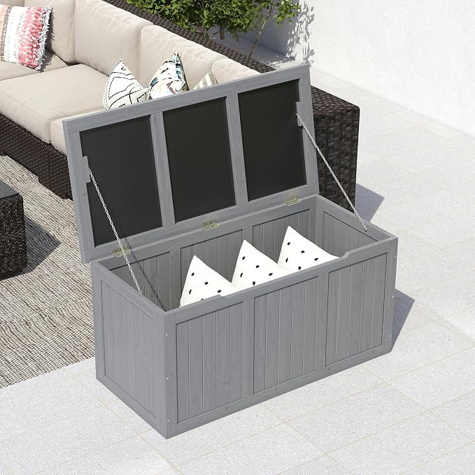 67 Gallon Outdoor Wooden Deck Box Solid Wood Storage Box Seat Table Top for Patio Furniture Cushions, Pool Toys Garden Tools