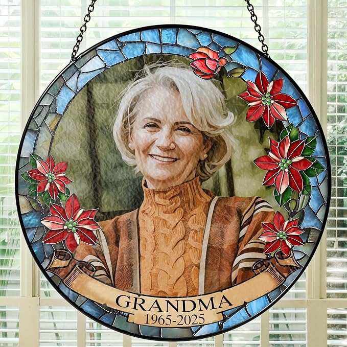 Personalized Memorial Photo Suncatcher – “Forever in Our Hearts” Christmas Ornament – in Loving Memory Gift for Mom or Grandma from Family – Custom Remembrance Window Keepsake