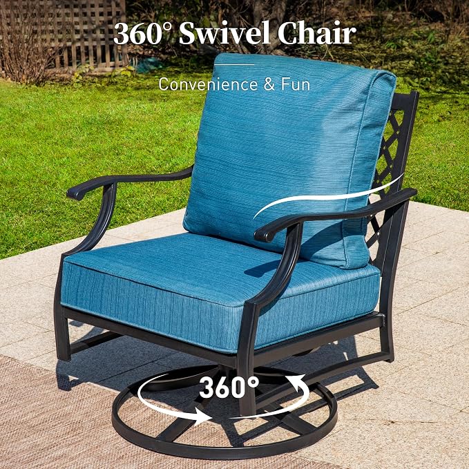 SUNSHINE VALLEY 5 Piece Metal Outdoor Patio Furniture Set with Fire Pit Table, Patio Conversation Sets 4 Swivel Chairs with 5.75" Thick Cushion and 5000 BTU Fire Pit Table, Backyard Furniture, Blue-2