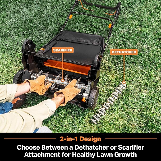 LawnMaster 48V MAX Brushless 16” 2-in-1 Cordless Dethatcher and Scarifier with Removable Thatch Collection Bag Quick-Fold – CLGVB4816