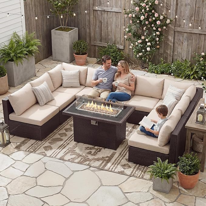 BULEXYARD 9 Piece High Back Outdoor Sectional Couch Set with Fire Pit, Elegant All-Weather Patio Furniture Set, Extra Large Size 8-Person Backyard Seating Group L-Shape for Yard, Deck, Brown & Beige