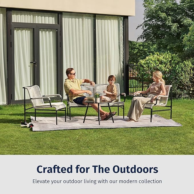 East Oak 4 Piece Patio Furniture Set, Outdoor Furniture with PE Wicker Rattan Chairs and Coffee Table, Modern Patio Conversation Set with Soft Pad for Garden, Backyard and Porch, Apricot