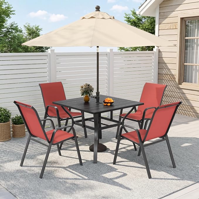 Outdoor Dining Set for 4, Patio Metal Table and Chairs Set with 1.97'' Umbrella Hole, 5pcs Patio Furniture Set 37.8”x37.8” Dining Table Set with Stackable Chairs for Backyard Pool Deck