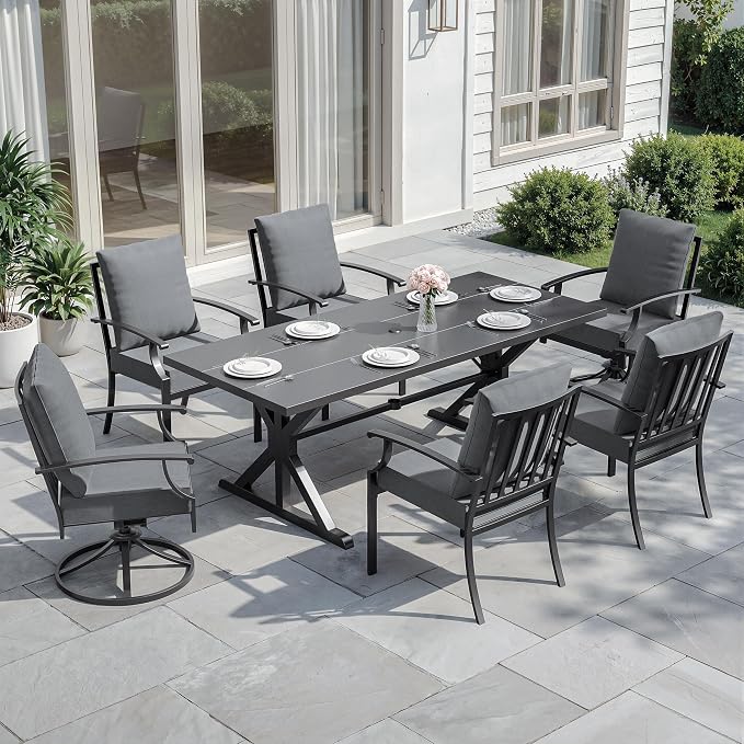 ALAULM 7-Piece Patio Dining Set,Outdoor Metal Dining Set with 2 Swivel Chairs & Rectangle Table with 1.5 Umbrella Hole, Patio Dining Table and Chairs for Backyard,Grey