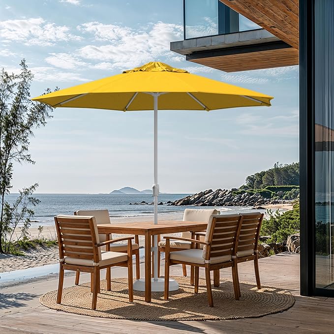 California Umbrella 10-Year Protection 9 Ft Outdoor Patio Umbrella, Pacifica Fade-Resistant Fabric, Auto-Tilt, Heavy Duty Aluminum Frame, 8 Reinforced Ribs for Pool or Deck, White Pole, Yellow