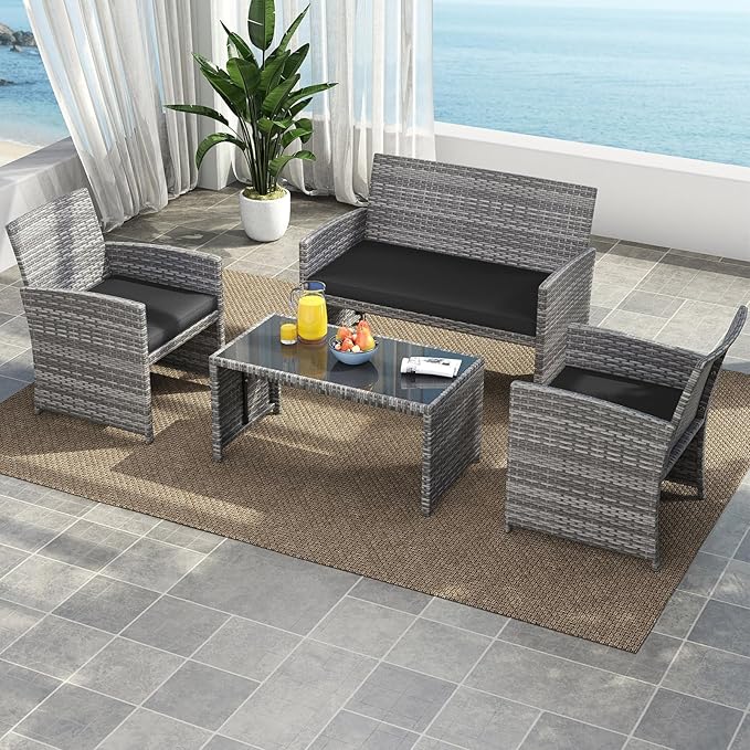 Tangkula 4 Piece Patio Wicker Furniture Set, Outdoor Heavy Duty Rattan Cushioned Chairs, Loveseat and Tempered Glass Coffee Table, for Backyard, Balcony, Poolside (Black)