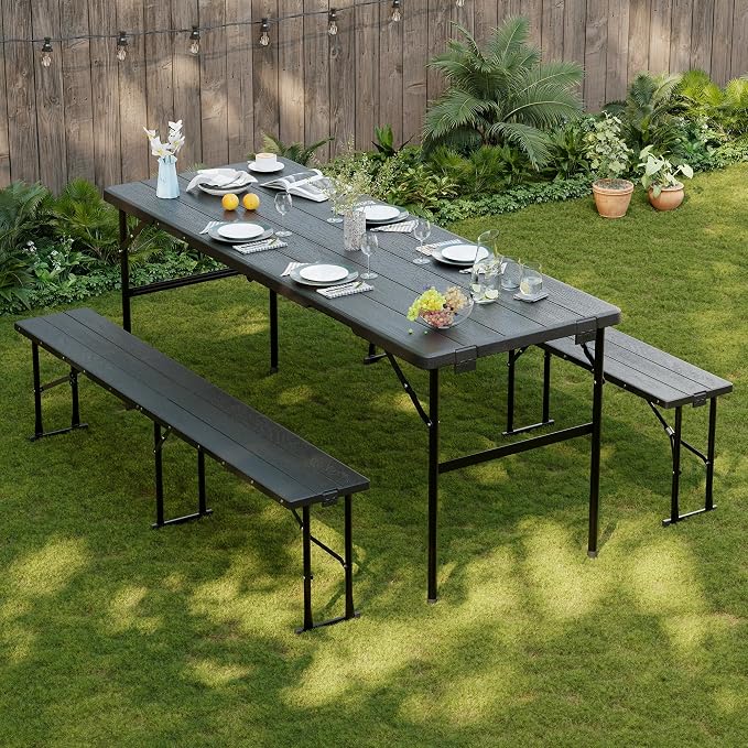 Picnic Table Set with 2 Benches,6 Feet Folding Camping Table Chair Set with Wood Grain Tabletop,3-Piece Outdoor Indoor Portable Folding Furniture for Party, Camping, Picnic, Weddings (Black)