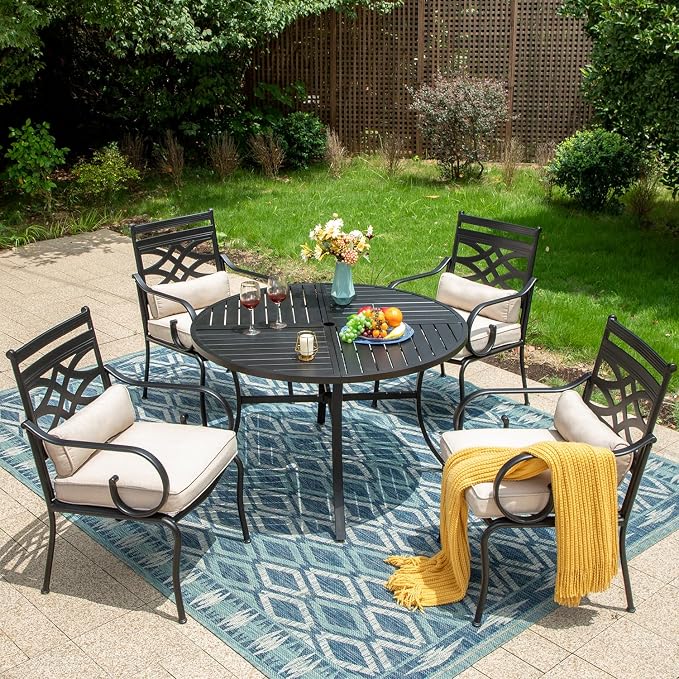 MFSTUDIO 5-Piece Patio Dining Set, 42" Round Metal Table, Fixed Chairs | Umbrella Hole, All-Weather Use