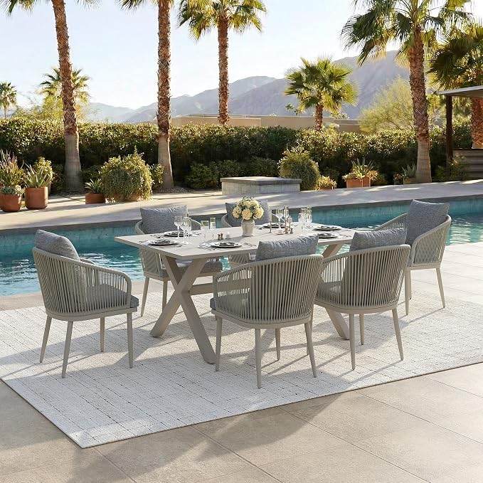 7-Piece Patio Dining Table Sets, Woven Wicker Dining Set with Rectangular Aluminum Table and Dining Chairs Modern Outdoor Dining Furniture Set for Outdoors and Indoors