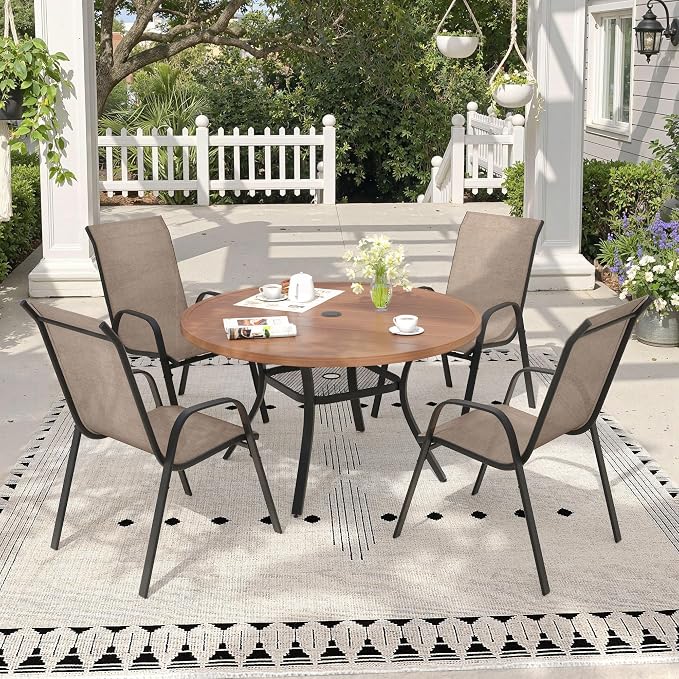 5 Pieces Outdoor Dining Set, 40.6" Round Table with Umbrella Hole & Stackable Patio Dining Chairs, Patio Table and Chairs Set for Deck Garden Porch, Brown Chairs & Walnut Table
