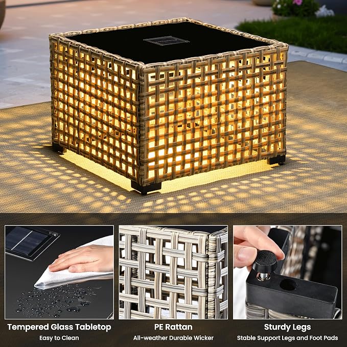 ovios Outdoor Side Table with Tempered Glass Top, Patio Wicker Solar Table, Rattan Bistro End Table for Porch Deck Balcony Garden Poolside, Mixed Brown