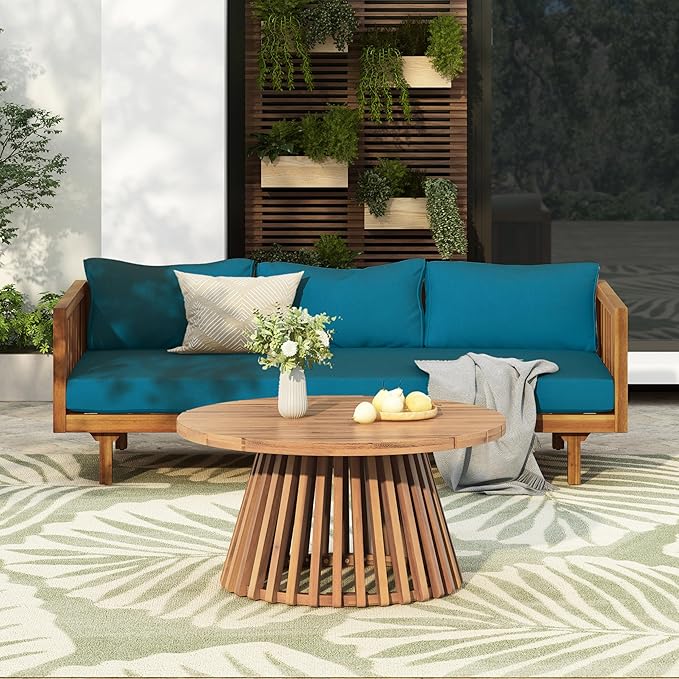 Merax Outdoor Acacia Wood Conversation Set - Patio 3-Seat Loveseat Sofa w/Coushion and Round Coffee Table for Backyard, Lawn, Balcony, Teak+Teal/Light Teak