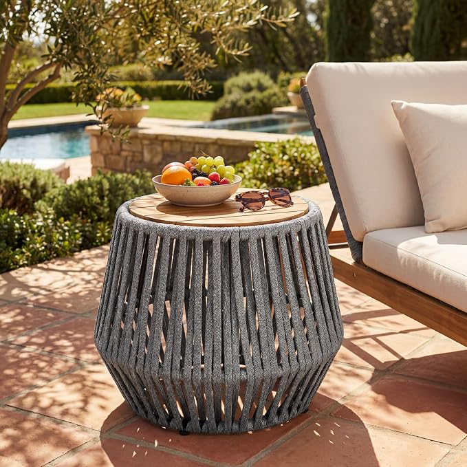 Christopher Knight Home Calla Outdoor Side Table, Boho End Table with Rope Woven Base and Acacia Wood Top, Round Side Table for Patio Balcony or Living Room, Decorative Garden Stool, Beige+Light Teak