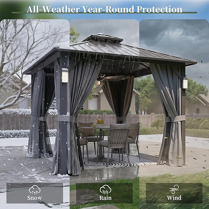 Aoxun 10'x10' Hardtop Gazebo with 4 LED Lights, Outdoor Gazebo with Galvanized Steel Double Roof, Patio Gazebo with Breathable Netting & Privacy Curtain, Decor Hooks for Backyard, Gray