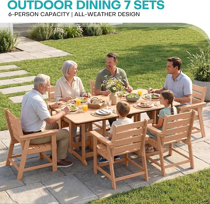 7-Piece Dining Set, HDPE Table & 6 Chairs,Cedar | HDPE Dining Set: 69.1" Table + 6 Chairs, 380 lbs, 304 Stainless, All-Weather, No Rust No Crack, Outdoor Patio Garden