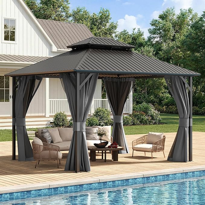 UDPATIO 10'x12' Hardtop Gazebo, Metal Gazebo with Galvanized Steel Double Roof, Permanent Patio Pavilion for Dining Parties, Grey