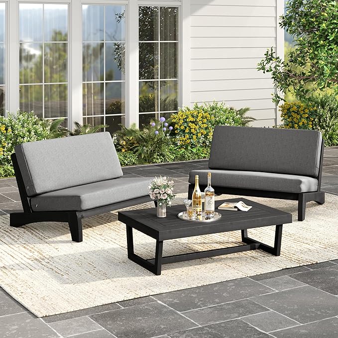 UIXE Black Wood Patio Furniture Sets, 3 Pieces All Weather Patio Loveseat Sofa Outdoor Sectional Futniture Backyard Conversation Set with Solid Wooden Coffee Table - Light Gray