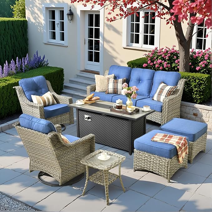 HOOOWOOO Patio Furniture Set,7 Pieces Wicker Outdoor Furniture,High Back Conversation Set with All Weather Resistant Fire Pit Table Couch Swivel Chairs Ottomans,Denim Blue