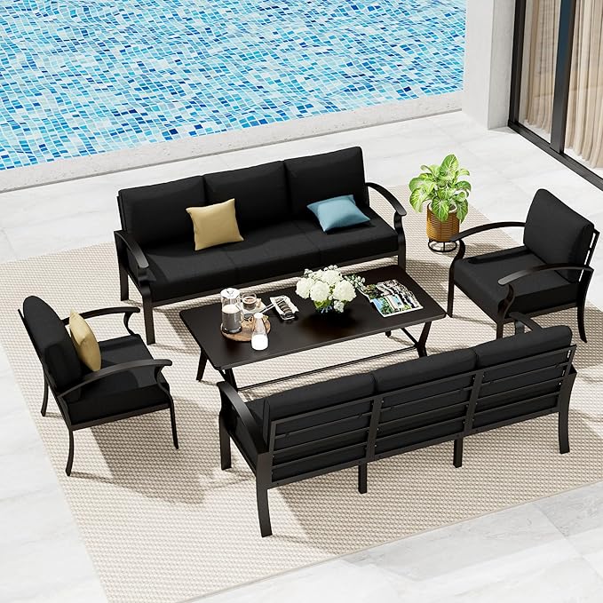 Aluminum Patio Furniture Set with Coffee Table,8 Seats Metal Modern Outdoor Furniture w/5.1" Thick Cushions,Patio Sectional for Patio,Backyard,Black