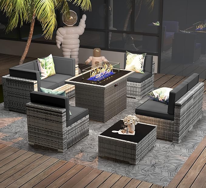8 Pieces Patio Furniture Set with 44" Propane Gas Fire Pit Table, Outdoor Sectional Wicker Conversation Sofa Sets with Coffee Table