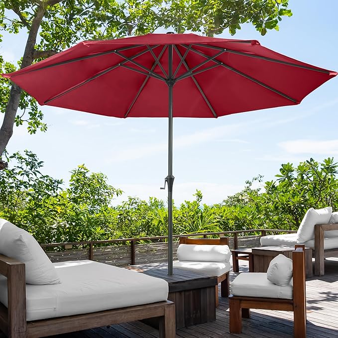9FT Round Patio Umbrella - Easy Crank, Vented Canopy Outdoor Umbrella for Shade - For Deck, Balcony, Porch, Backyard, or Pool by Pure Garden (Maroon Red)